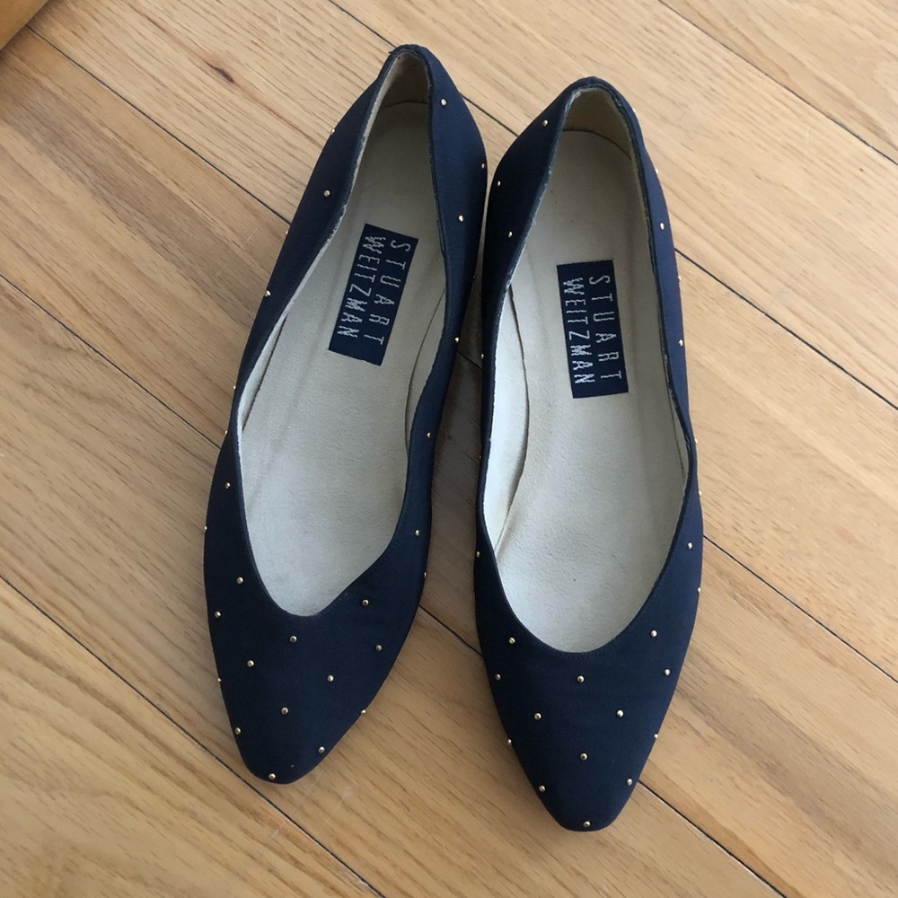 Stuart Weitzman Blue Gold Bead Block Heels